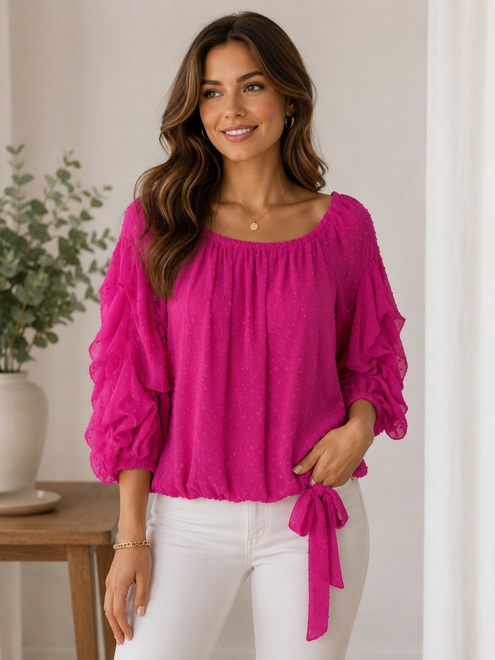 CeCe Swiss Dot Off-the-Shoulder Blouse – Hot Pink/Fuchsia